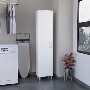 English Elm Laska 70" Tall Storage Cabinet in White — Space-Saving Broom Closet with Hanger & Five Adjustable Shelves B200P239805