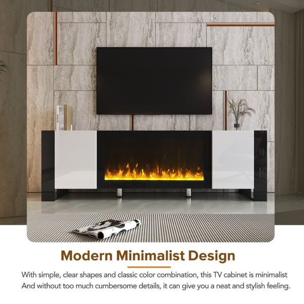English Elm On-trend Gloss Media Console with Built-in Electric Fireplace for Living Rooms White SD000029AAK