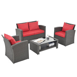 English Elm Patio Furniture Sets - Stylish Red Pe Wicker Lounge Set With Plush Cushions & Tempered Glass Tabletop W1703S00009-GIGA