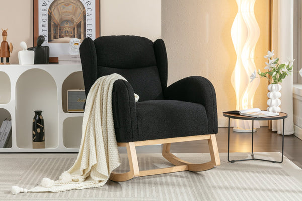 English Elm 049-teddy Plush Wingback Rocking Chair Solid Wood Base Nursery and Living Room Comfort Black W527P147437