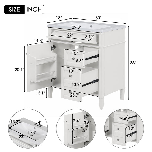 English Elm 30'' Bathroom Vanity Set With Sink, Modern Storage Cabinet, Mirror & 3 Drawers For Efficient Organization SW000127AAK-3