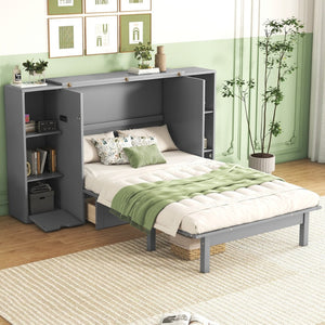 English Elm Queen Wall Bed with Usb Charging Shelves and Drawers for Studio or Guest Room Gray LP000568AAE