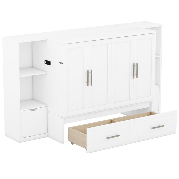 English Elm Queen Wall Bed with Usb Charging Shelves and Drawers for Studio or Guest Room White LP000568AAK