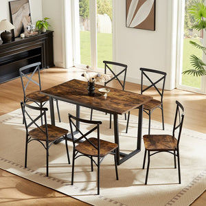 English Elm 7 7-Piece Dining Set Brown MDF & Metal Modern Kitchen Table with 6 Chairs Sturdy 22mm Board, 440lb Chair Capacity, Compact 52x28in Table for Breakfast Nook and Living Room W578S00006