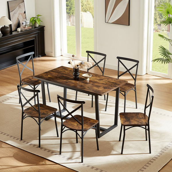 English Elm 7 7-Piece Dining Set Brown MDF & Metal Modern Kitchen Table with 6 Chairs Sturdy 22mm Board, 440lb Chair Capacity, Compact 52x28in Table for Breakfast Nook and Living Room W578S00006
