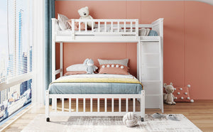 English Elm Wooden Twin Over Full Bunk Bed with Stair Drawers Shelves and Rolling Bottom White LT001531AAK-1