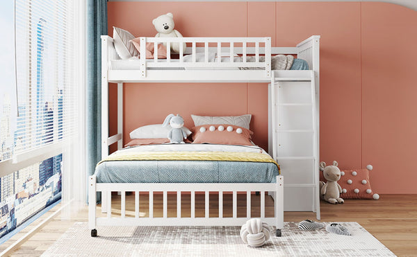 English Elm Wooden Twin Over Full Bunk Bed with Stair Drawers Shelves and Rolling Bottom White LT001531AAK-1