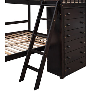 English Elm Wooden Twin Over Full Bunk Bed with Stair Drawers Shelves and Rolling Bottom Espresso LT001531AAP-1