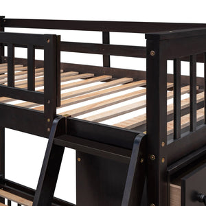 English Elm Wooden Twin Over Full Bunk Bed with Stair Drawers Shelves and Rolling Bottom Espresso LT001531AAP-1
