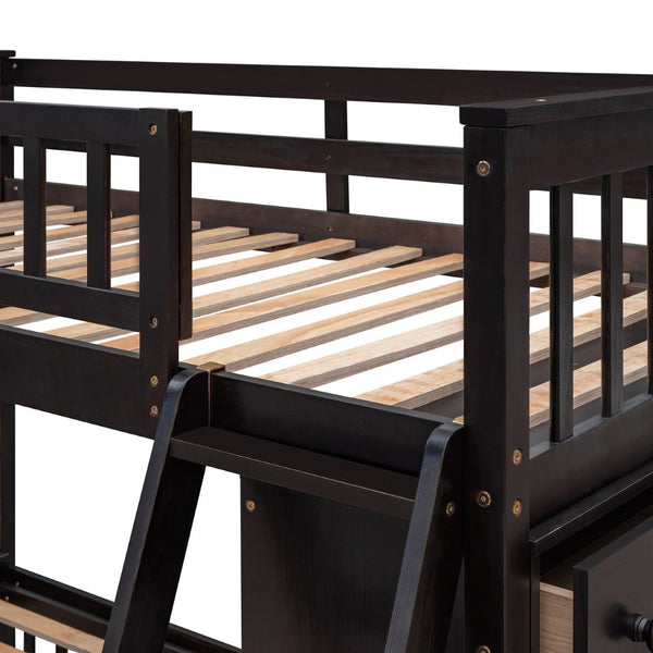 English Elm Wooden Twin Over Full Bunk Bed with Stair Drawers Shelves and Rolling Bottom Espresso LT001531AAP-1