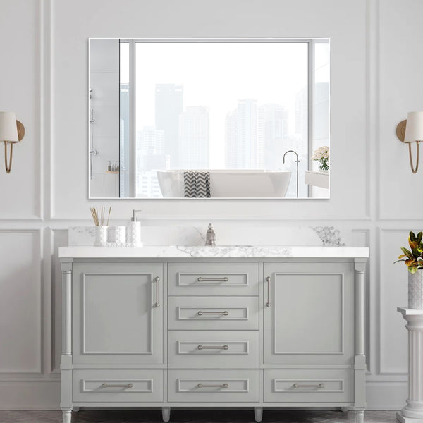 English Elm 48"x32" Oversized Modern Rectangle Bathroom Mirror with Aluminum Frame, Explosion-Proof Glass for Safe Wall Display and Versatile Vertical or Horizontal Mounting White W708P146111