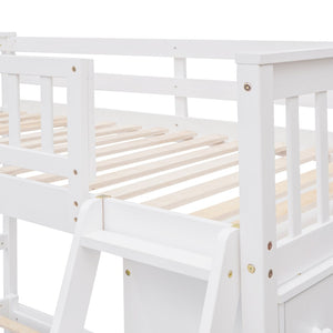 English Elm Wooden Twin Over Full Bunk Bed with Stair Drawers Shelves and Rolling Bottom White LT001531AAK-1