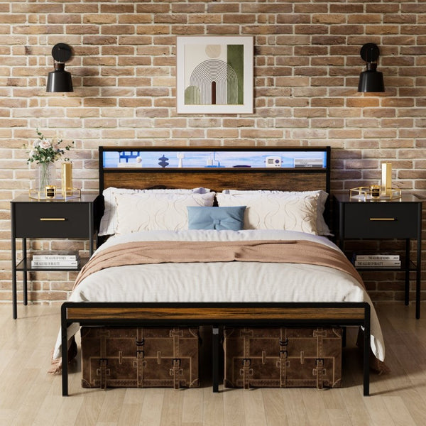 English Elm Queen Industrial Bed Frame with Led Headboard Shelf Charging Ports and Metal Slat Base W1903P151337