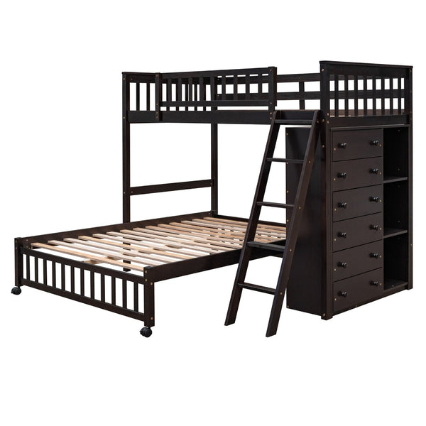 English Elm Wooden Twin Over Full Bunk Bed with Stair Drawers Shelves and Rolling Bottom Espresso LT001531AAP-1
