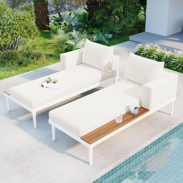English Elm TOPMAX Modern Outdoor Daybed 2-in-1 Convertible Patio Chaise with Acacia Wood Side Tables, Washable Cushions, Sturdy Iron Frame Beige SP100013AAA