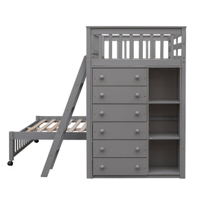 English Elm Wooden Twin Over Full Bunk Bed with Stair Drawers Shelves and Rolling Bottom LT001531AAE-1