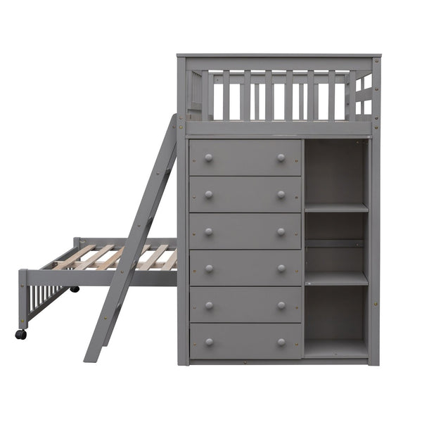 English Elm Wooden Twin Over Full Bunk Bed with Stair Drawers Shelves and Rolling Bottom LT001531AAE-1