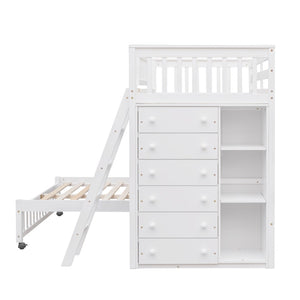 English Elm Wooden Twin Over Full Bunk Bed with Stair Drawers Shelves and Rolling Bottom White LT001531AAK-1