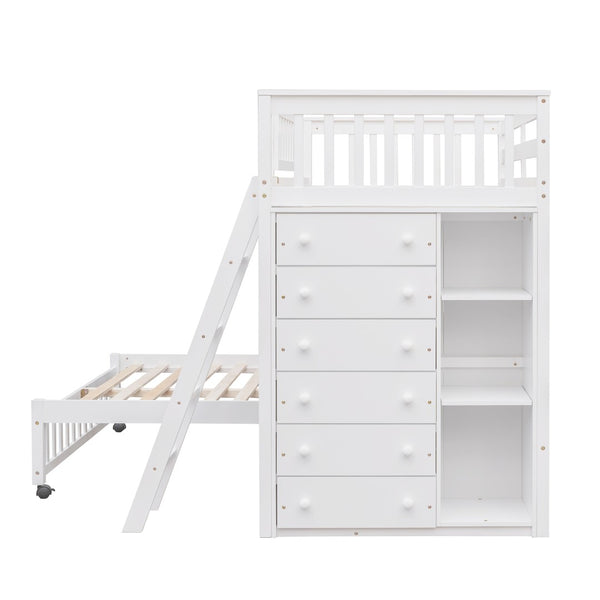 English Elm Wooden Twin Over Full Bunk Bed with Stair Drawers Shelves and Rolling Bottom White LT001531AAK-1