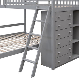English Elm Wooden Twin Over Full Bunk Bed with Stair Drawers Shelves and Rolling Bottom LT001531AAE-1