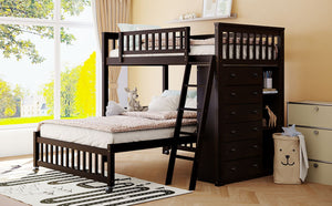 English Elm Wooden Twin Over Full Bunk Bed with Stair Drawers Shelves and Rolling Bottom Espresso LT001531AAP-1