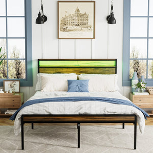 English Elm Queen Industrial Bed Frame with Led Headboard Shelf Charging Ports and Metal Slat Base W1903P151337