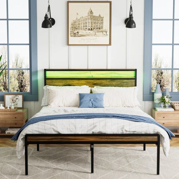 English Elm Queen Industrial Bed Frame with Led Headboard Shelf Charging Ports and Metal Slat Base W1903P151337