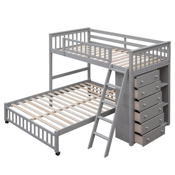 English Elm Wooden Twin Over Full Bunk Bed with Stair Drawers Shelves and Rolling Bottom LT001531AAE-1