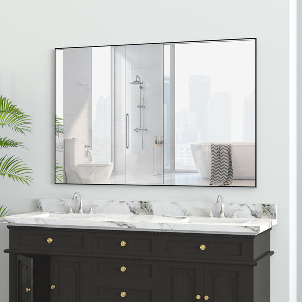 English Elm 48"x32" Oversized Modern Rectangle Bathroom Mirror with Aluminum Frame, Explosion-Proof Glass for Safe Wall Display and Versatile Vertical or Horizontal Mounting Black W708P146108
