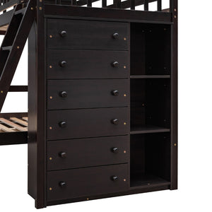 English Elm Wooden Twin Over Full Bunk Bed with Stair Drawers Shelves and Rolling Bottom Espresso LT001531AAP-1