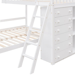 English Elm Wooden Twin Over Full Bunk Bed with Stair Drawers Shelves and Rolling Bottom White LT001531AAK-1