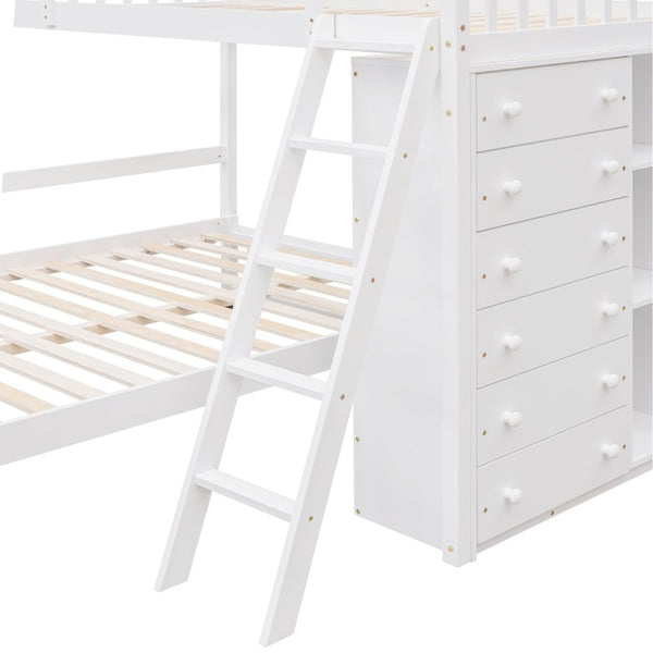English Elm Wooden Twin Over Full Bunk Bed with Stair Drawers Shelves and Rolling Bottom White LT001531AAK-1