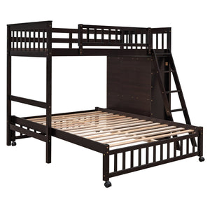 English Elm Wooden Twin Over Full Bunk Bed with Stair Drawers Shelves and Rolling Bottom Espresso LT001531AAP-1