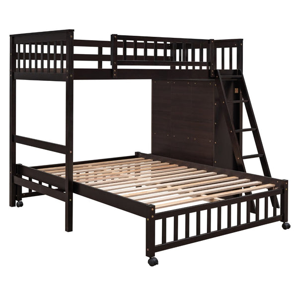 English Elm Wooden Twin Over Full Bunk Bed with Stair Drawers Shelves and Rolling Bottom Espresso LT001531AAP-1