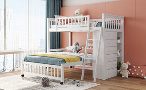 English Elm Wooden Twin Over Full Bunk Bed with Stair Drawers Shelves and Rolling Bottom White LT001531AAK-1