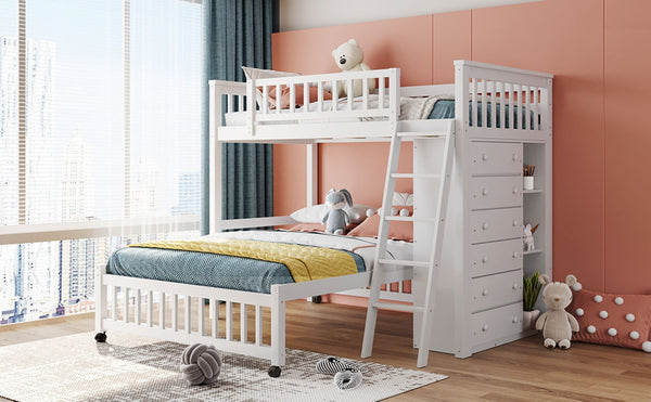 English Elm Wooden Twin Over Full Bunk Bed with Stair Drawers Shelves and Rolling Bottom White LT001531AAK-1