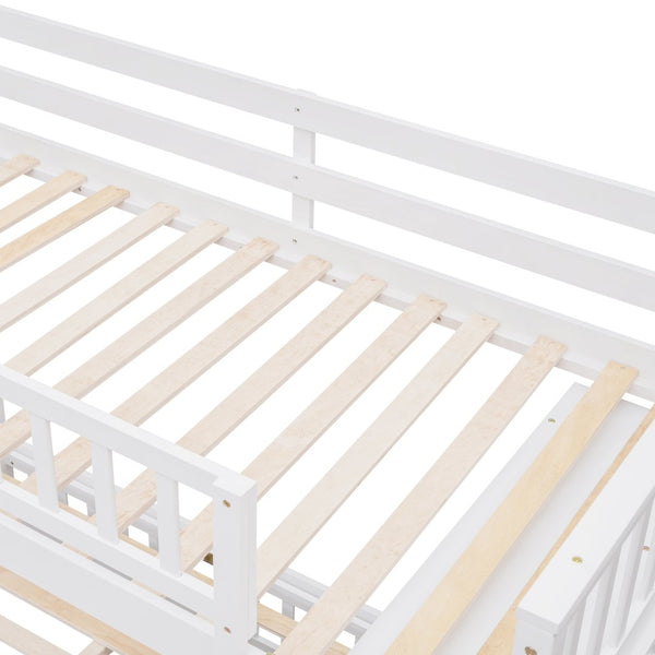 English Elm Wooden Twin Over Full Bunk Bed with Stair Drawers Shelves and Rolling Bottom White LT001531AAK-1