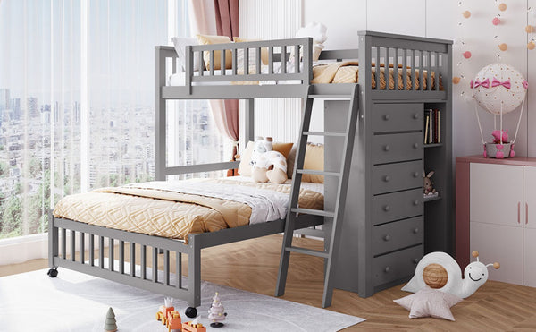 English Elm Wooden Twin Over Full Bunk Bed with Stair Drawers Shelves and Rolling Bottom LT001531AAE-1