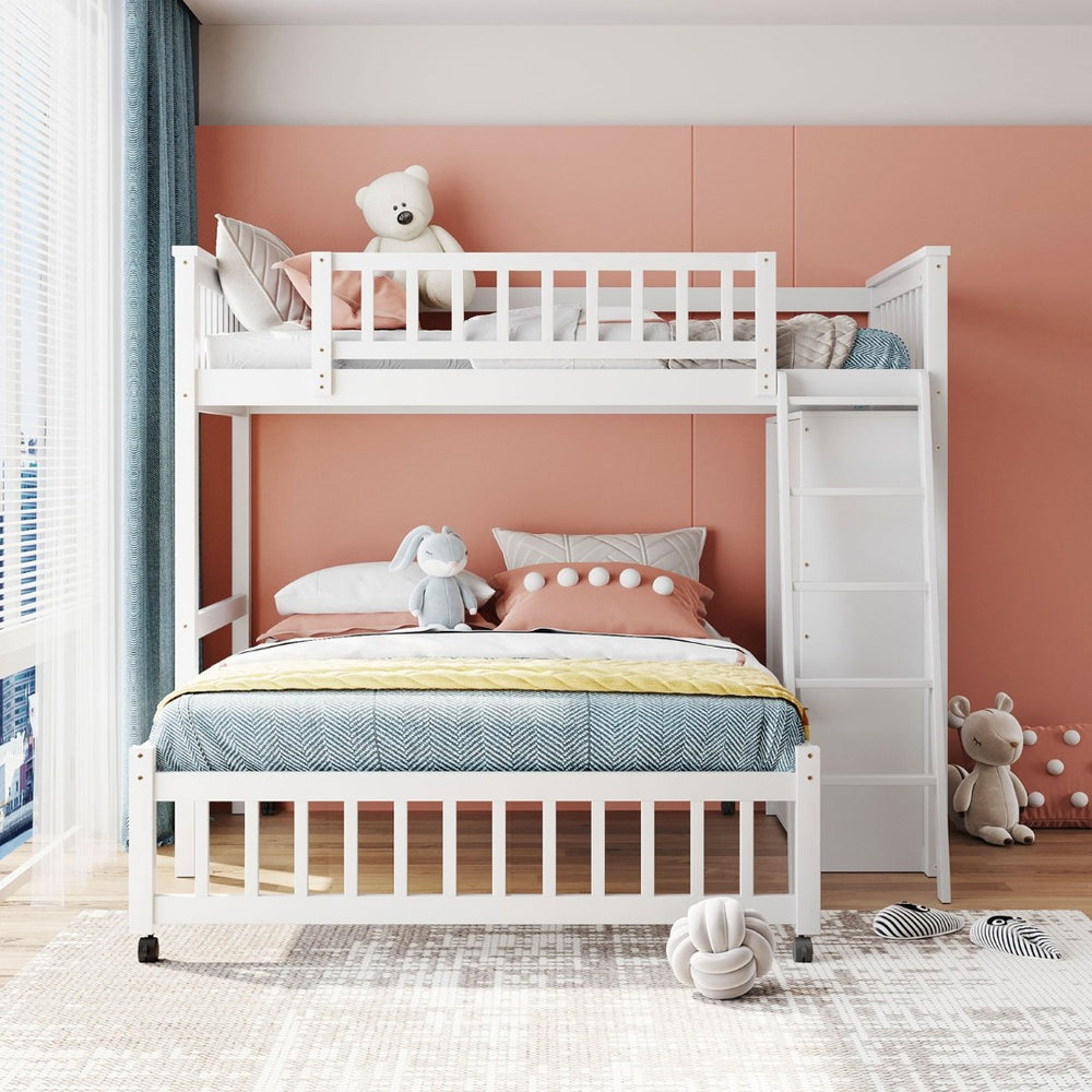 English Elm Wooden Twin Over Full Bunk Bed with Stair Drawers Shelves and Rolling Bottom White LT001531AAK-1
