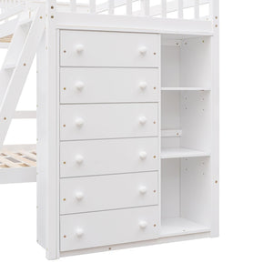 English Elm Wooden Twin Over Full Bunk Bed with Stair Drawers Shelves and Rolling Bottom White LT001531AAK-1