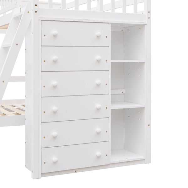 English Elm Wooden Twin Over Full Bunk Bed with Stair Drawers Shelves and Rolling Bottom White LT001531AAK-1