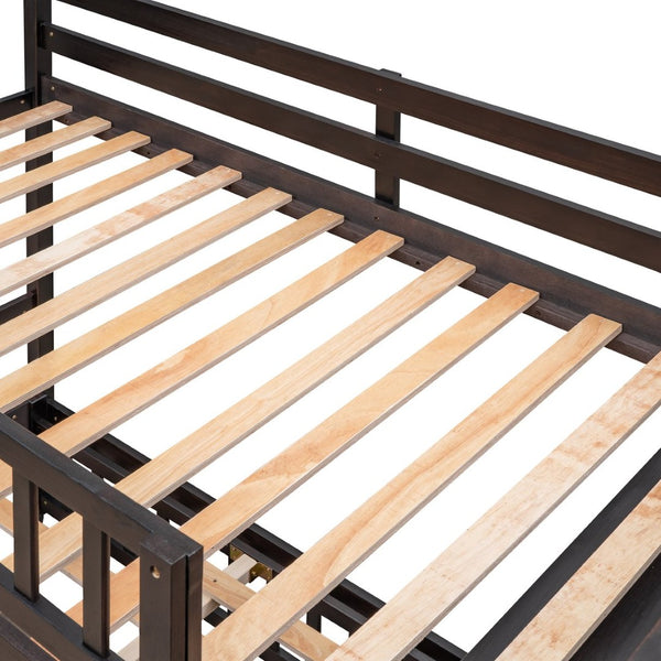 English Elm Wooden Twin Over Full Bunk Bed with Stair Drawers Shelves and Rolling Bottom Espresso LT001531AAP-1