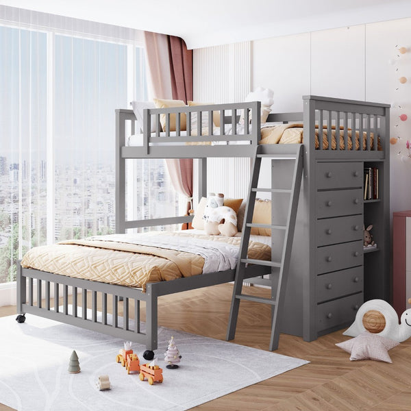 English Elm Wooden Twin Over Full Bunk Bed with Stair Drawers Shelves and Rolling Bottom LT001531AAE-1
