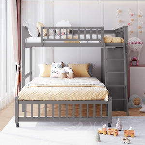 English Elm Wooden Twin Over Full Bunk Bed with Stair Drawers Shelves and Rolling Bottom LT001531AAE-1