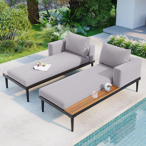 English Elm TOPMAX Modern Outdoor Daybed 2-in-1 Convertible Patio Chaise with Acacia Wood Side Tables, Washable Cushions, Sturdy Iron Frame Gray SP100013AAE