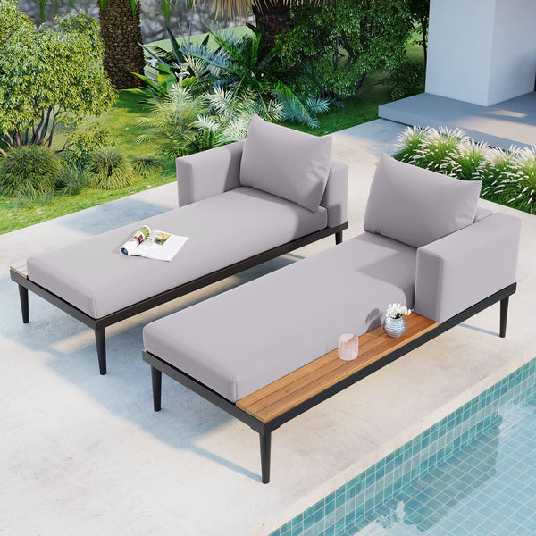 English Elm TOPMAX Modern Outdoor Daybed 2-in-1 Convertible Patio Chaise with Acacia Wood Side Tables, Washable Cushions, Sturdy Iron Frame Gray SP100013AAE