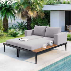 English Elm TOPMAX Modern Outdoor Daybed 2-in-1 Convertible Patio Chaise with Acacia Wood Side Tables, Washable Cushions, Sturdy Iron Frame Gray SP100013AAE