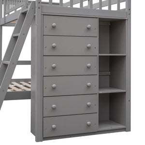 English Elm Wooden Twin Over Full Bunk Bed with Stair Drawers Shelves and Rolling Bottom LT001531AAE-1