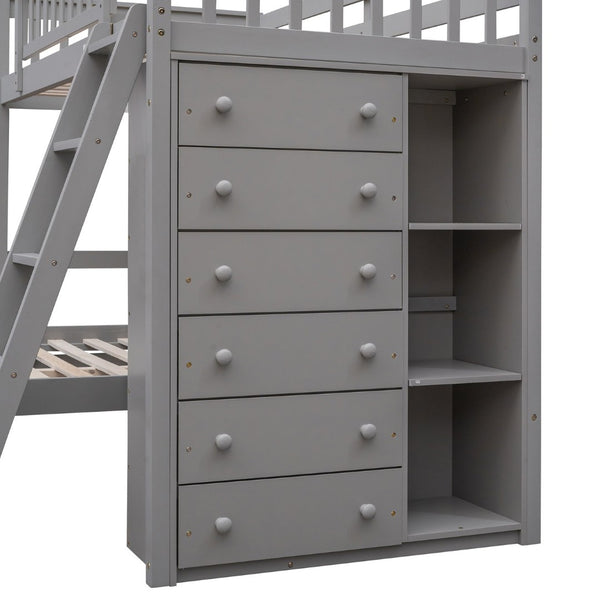 English Elm Wooden Twin Over Full Bunk Bed with Stair Drawers Shelves and Rolling Bottom LT001531AAE-1
