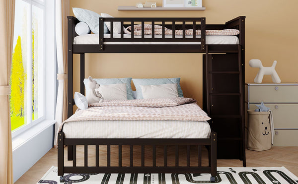 English Elm Wooden Twin Over Full Bunk Bed with Stair Drawers Shelves and Rolling Bottom Espresso LT001531AAP-1